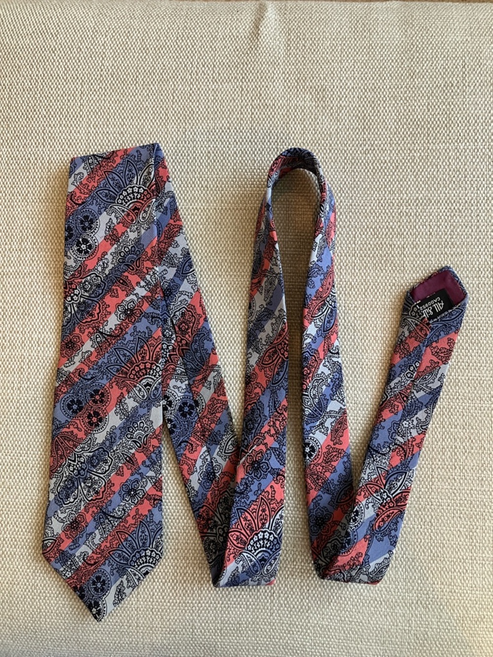 Vintage silk tie, made in Canada, paisley with diagonal stripes, orange & grey